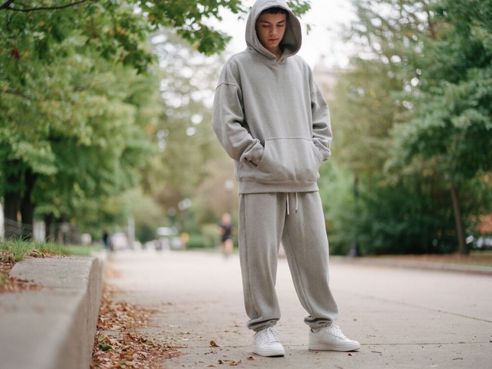 modne szare dresy oversize na modelu